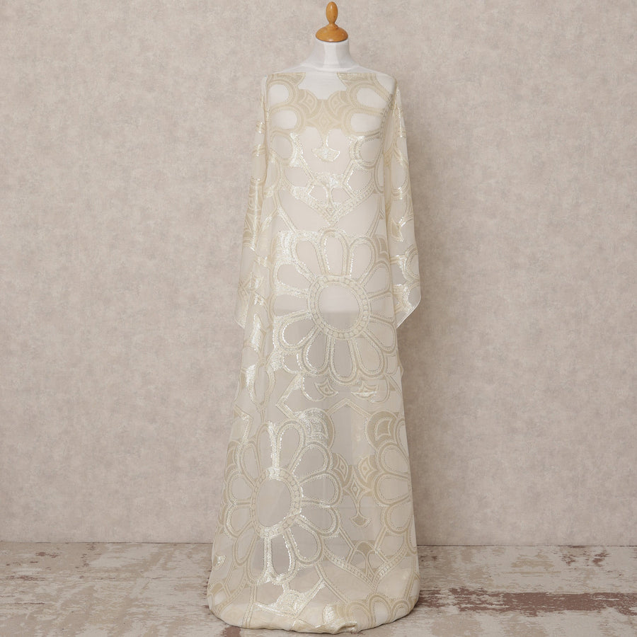 Ivory Fransawi Metallic Lurex Floral Pattern Somali Silk Chiffon Dirac Fabric – 3.5 Meters, Width 140 cm, Made in France-D24752 Regal Fabrics