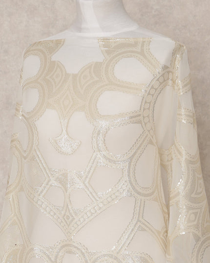 Ivory Fransawi Metallic Lurex Floral Pattern Somali Silk Chiffon Dirac Fabric – 3.5 Meters, Width 140 cm, Made in France-D24752 Regal Fabrics