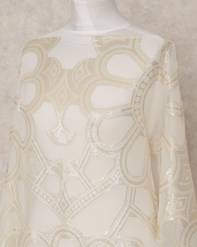 Ivory Fransawi Metallic Lurex Floral Pattern Somali Silk Chiffon Dirac Fabric – 3.5 Meters, Width 140 cm, Made in France-D24752