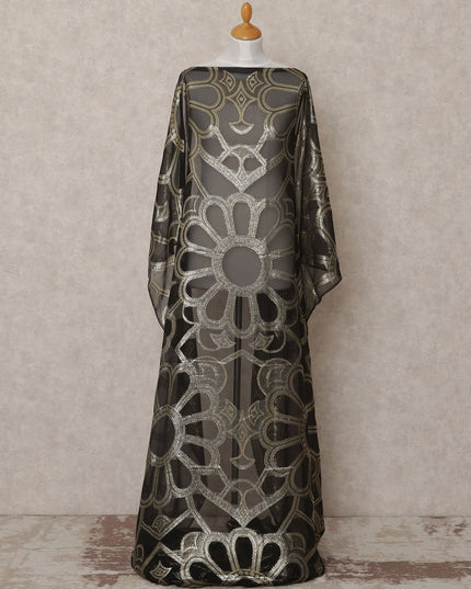 قماش ديراك من الحرير الصومالي بنقشة زهور معدنية من فرانساوي باللون الأسود - 3.5 متر، العرض 140 سم، صنع في فرنسا - D24750