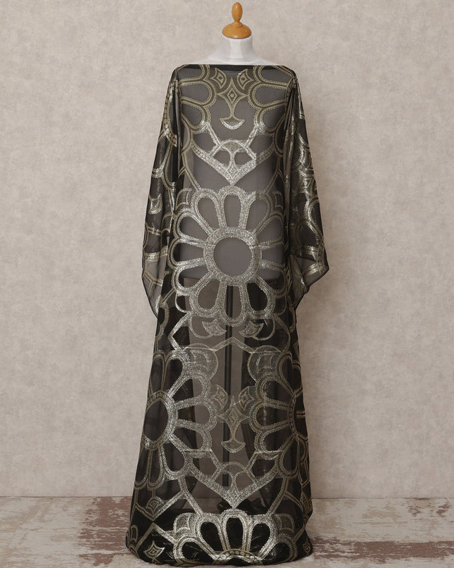 Black Fransawi Metallic Lurex Floral Pattern Somali Silk Chiffon Dirac Fabric – 3.5 Meters, Width 140 cm, Made in France-D24750