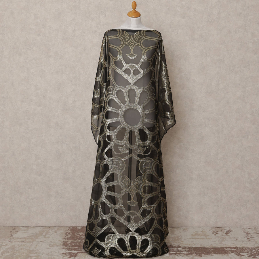 قماش ديراك من الحرير الصومالي بنقشة زهور معدنية من فرانساوي باللون الأسود - 3.5 متر، العرض 140 سم، صنع في فرنسا - D24750