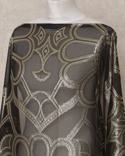 قماش ديراك من الحرير الصومالي بنقشة زهور معدنية من فرانساوي باللون الأسود - 3.5 متر، العرض 140 سم، صنع في فرنسا - D24750