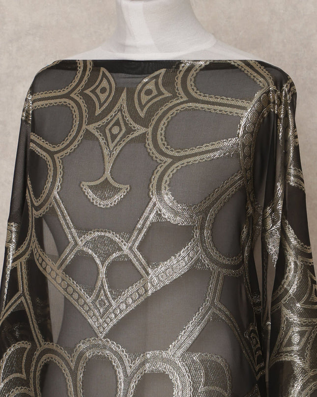 Black Fransawi Metallic Lurex Floral Pattern Somali Silk Chiffon Dirac Fabric – 3.5 Meters, Width 140 cm, Made in France-D24750