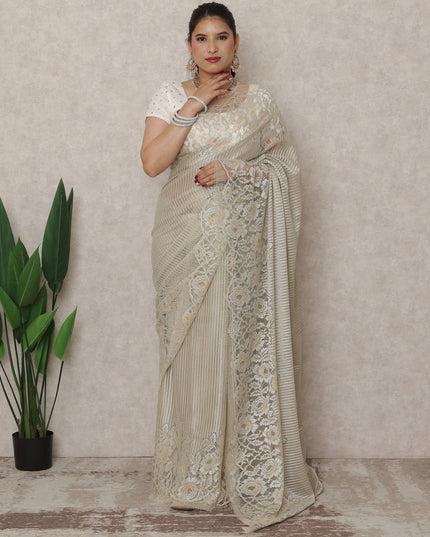 ساري فرنسي فاخر من قماش شانتيلي معدني بلون الشمبانيا والبيج، بطول 5.5 متر وعرض 110 سم، صنع في فرنسا - D24445