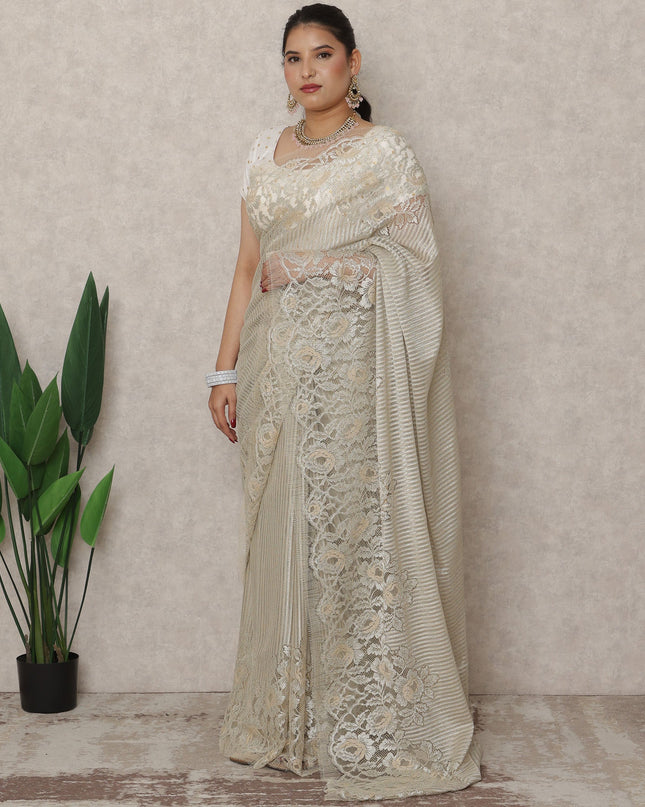 Champagne Beige Premium French Metallic Chantilly Saree Lace, 5.5 Mtrs Length, 110 Cms Width, Made in France-D24445