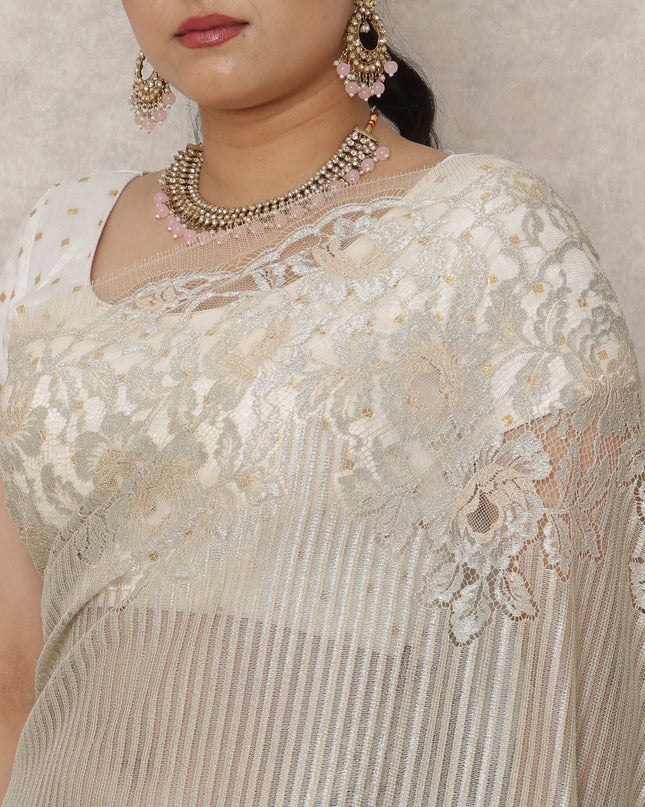 Champagne Beige Premium French Metallic Chantilly Saree Lace, 5.5 Mtrs Length, 110 Cms Width, Made in France-D24445
