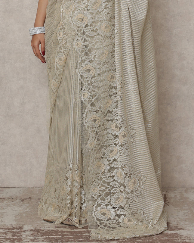 Champagne Beige Premium French Metallic Chantilly Saree Lace, 5.5 Mtrs Length, 110 Cms Width, Made in France-D24445