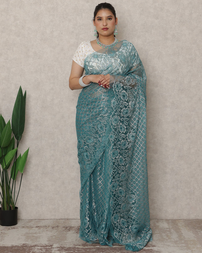 Teal Blue Premium French Metallic Chantilly Saree Lace, 5.5 Mtrs Length, 110 Cms Width, Made in France-D24446