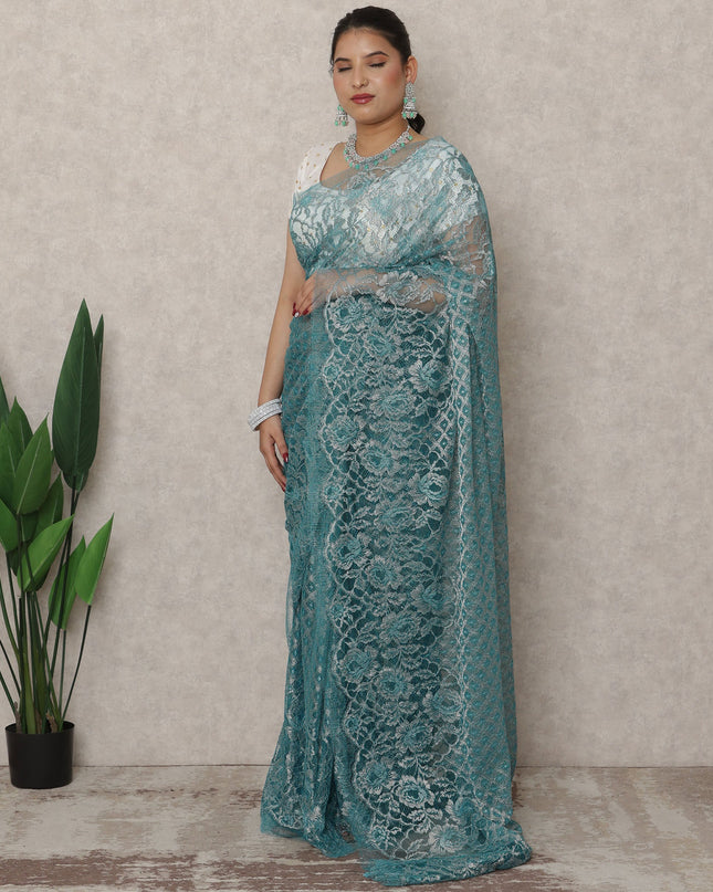 Teal Blue Premium French Metallic Chantilly Saree Lace, 5.5 Mtrs Length, 110 Cms Width, Made in France-D24446