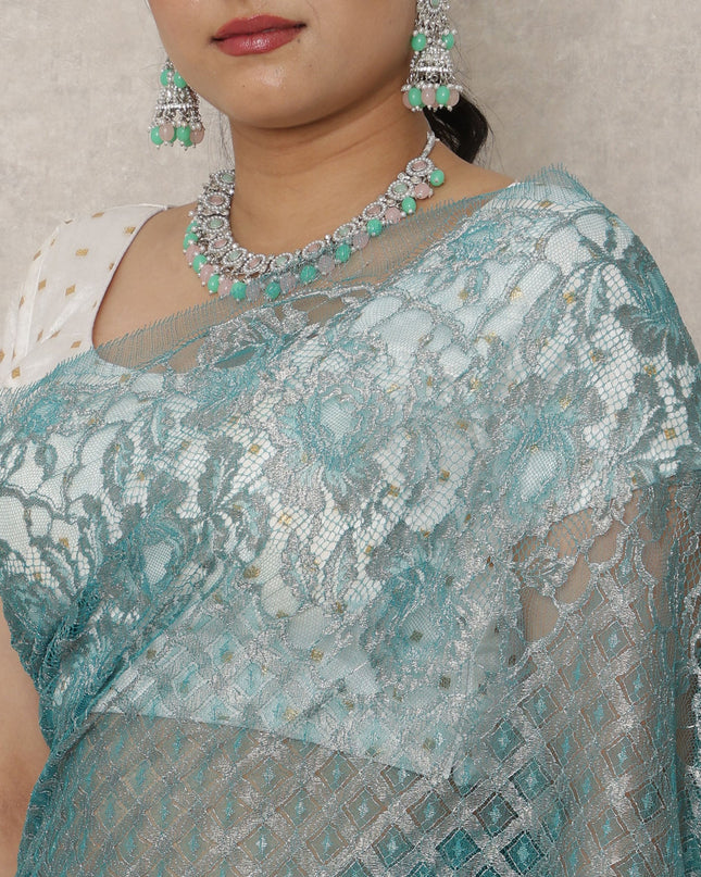 Teal Blue Premium French Metallic Chantilly Saree Lace, 5.5 Mtrs Length, 110 Cms Width, Made in France-D24446