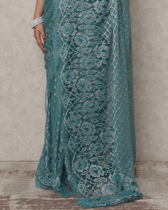 Teal Blue Premium French Metallic Chantilly Saree Lace, 5.5 Mtrs Length, 110 Cms Width, Made in France-D24446