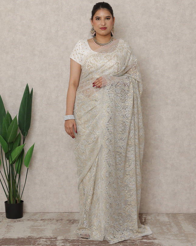 Ivory Gold Premium French Metallic Chantilly Saree Lace, 5.5 Mtrs Length, 110 Cms Width, Made in France-D24447