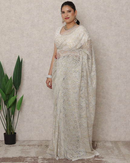 Ivory Gold Premium French Metallic Chantilly Saree Lace, 5.5 Mtrs Length, 110 Cms Width, Made in France-D24447