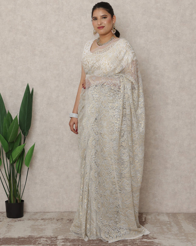 Ivory Gold Premium French Metallic Chantilly Saree Lace, 5.5 Mtrs Length, 110 Cms Width, Made in France-D24447