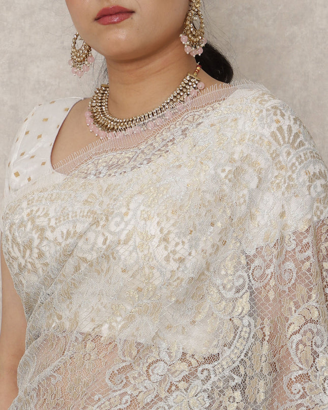 Ivory Gold Premium French Metallic Chantilly Saree Lace, 5.5 Mtrs Length, 110 Cms Width, Made in France-D24447