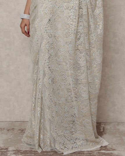 Ivory Gold Premium French Metallic Chantilly Saree Lace, 5.5 Mtrs Length, 110 Cms Width, Made in France-D24447
