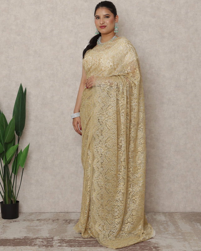 Antique Gold Premium French Metallic Chantilly Saree Lace, 5.5 Mtrs Length, 110 Cms Width, Made in France-D24452