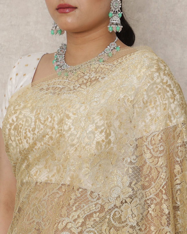 Antique Gold Premium French Metallic Chantilly Saree Lace, 5.5 Mtrs Length, 110 Cms Width, Made in France-D24452