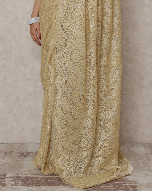 Antique Gold Premium French Metallic Chantilly Saree Lace, 5.5 Mtrs Length, 110 Cms Width, Made in France-D24452
