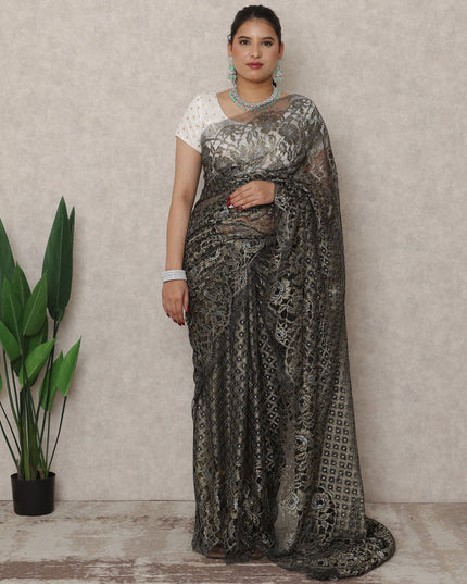 Black Gold Premium French Metallic Chantilly Saree Lace, 5.5 Mtrs Length, 110 Cms Width, Made in France-D24449