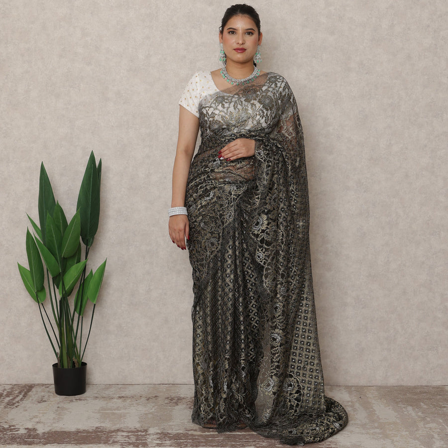 Black Gold Premium French Metallic Chantilly Saree Lace, 5.5 Mtrs Length, 110 Cms Width, Made in France-D24449