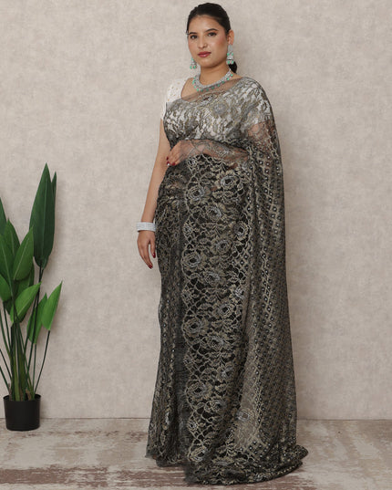 Black Gold Premium French Metallic Chantilly Saree Lace, 5.5 Mtrs Length, 110 Cms Width, Made in France-D24449
