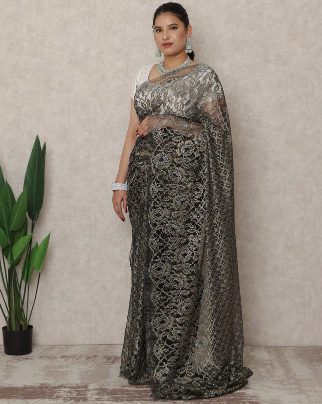 Black Gold Premium French Metallic Chantilly Saree Lace, 5.5 Mtrs Length, 110 Cms Width, Made in France-D24449