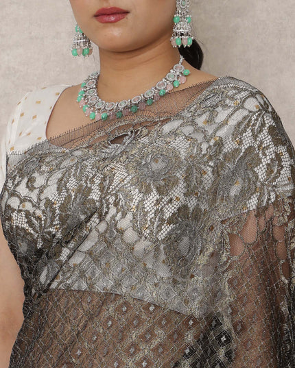 Black Gold Premium French Metallic Chantilly Saree Lace, 5.5 Mtrs Length, 110 Cms Width, Made in France-D24449