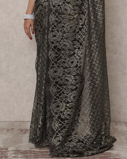 Black Gold Premium French Metallic Chantilly Saree Lace, 5.5 Mtrs Length, 110 Cms Width, Made in France-D24449
