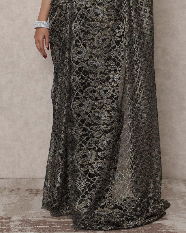 Black Gold Premium French Metallic Chantilly Saree Lace, 5.5 Mtrs Length, 110 Cms Width, Made in France-D24449