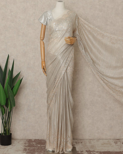 Champagne Peach Premium French Metallic Chantilly Saree Lace Fabric 110 Cms Width 5.5 Meters Piece Elegant Floral Net Lace From France For Designer Sarees And Couture Draping-D27672