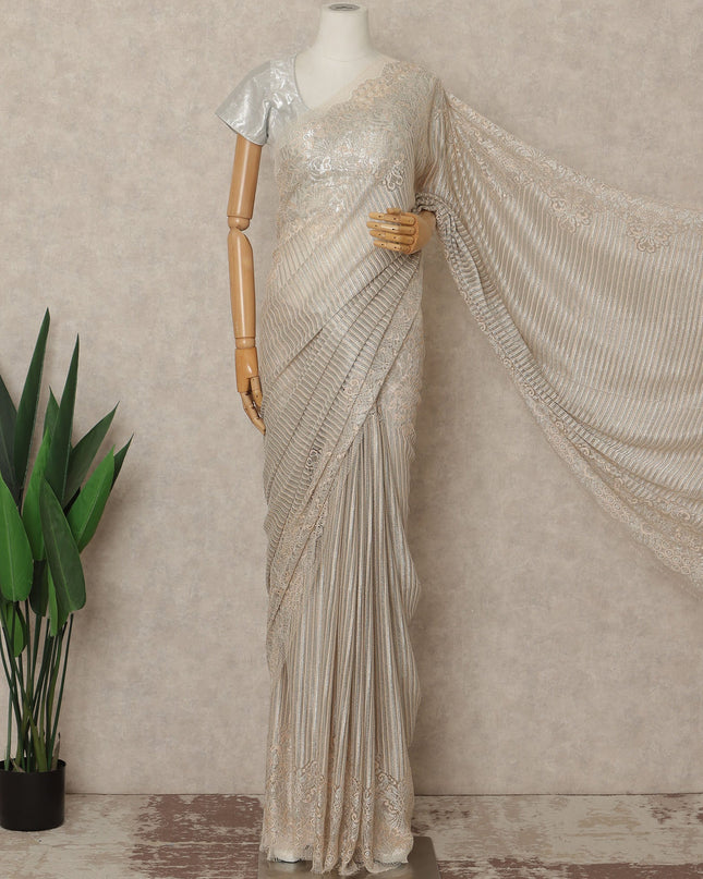 Champagne Peach Premium French Metallic Chantilly Saree Lace Fabric 110 Cms Width 5.5 Meters Piece Elegant Floral Net Lace From France For Designer Sarees And Couture Draping-D27672