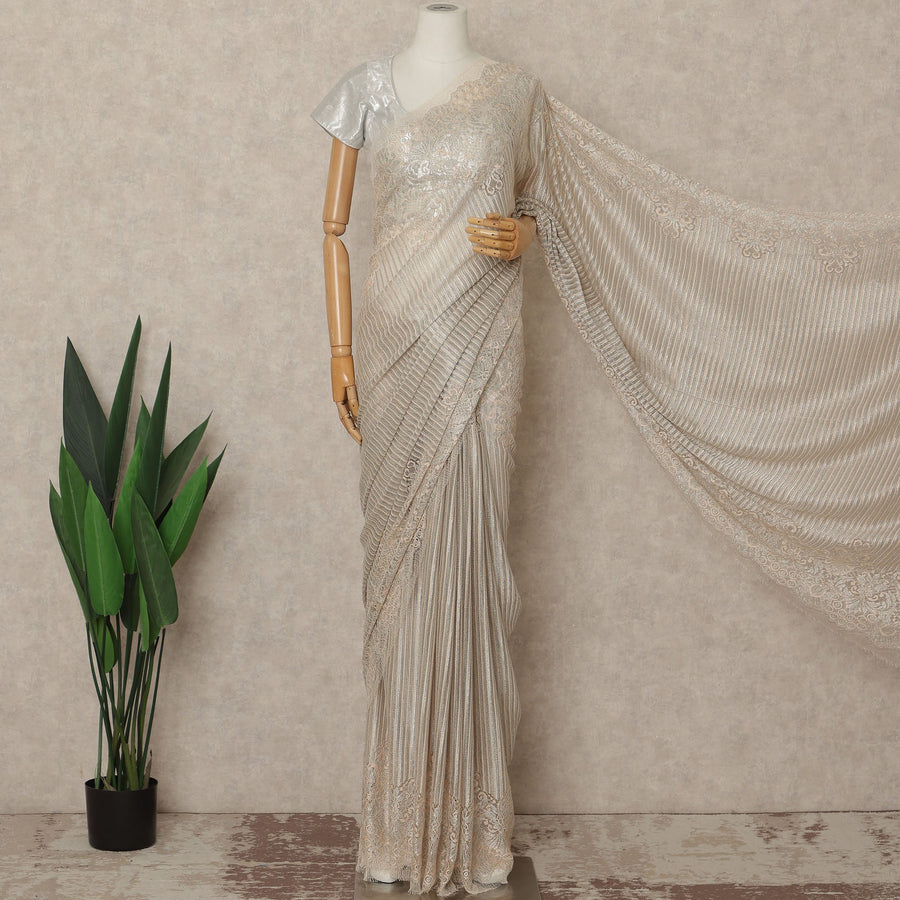 Champagne Peach Premium French Metallic Chantilly Saree Lace Fabric 110 Cms Width 5.5 Meters Piece Elegant Floral Net Lace From France For Designer Sarees And Couture Draping-D27672