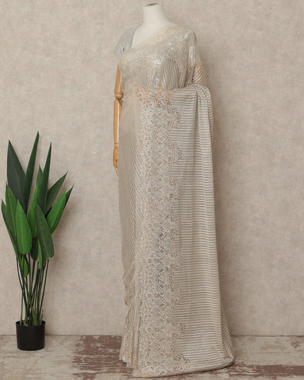 Champagne Peach Premium French Metallic Chantilly Saree Lace Fabric 110 Cms Width 5.5 Meters Piece Elegant Floral Net Lace From France For Designer Sarees And Couture Draping-D27672