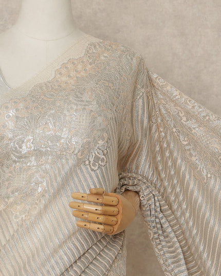 Champagne Peach Premium French Metallic Chantilly Saree Lace Fabric 110 Cms Width 5.5 Meters Piece Elegant Floral Net Lace From France For Designer Sarees And Couture Draping-D27672