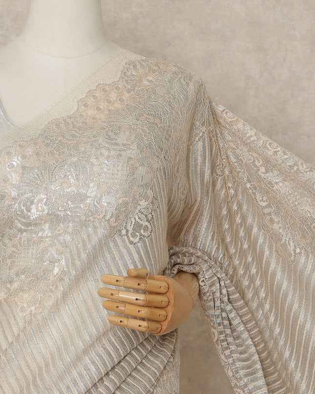 Champagne Peach Premium French Metallic Chantilly Saree Lace Fabric 110 Cms Width 5.5 Meters Piece Elegant Floral Net Lace From France For Designer Sarees And Couture Draping-D27672