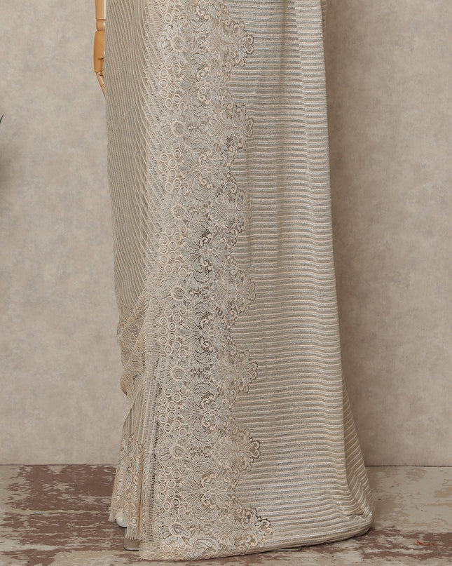 Champagne Peach Premium French Metallic Chantilly Saree Lace Fabric 110 Cms Width 5.5 Meters Piece Elegant Floral Net Lace From France For Designer Sarees And Couture Draping-D27672