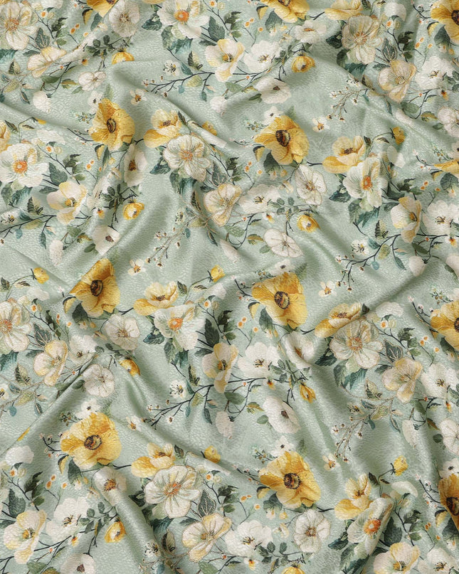 Light Green Floral Design Viscose Digital Printed Fabric, 110 Cms Width, India-D24803