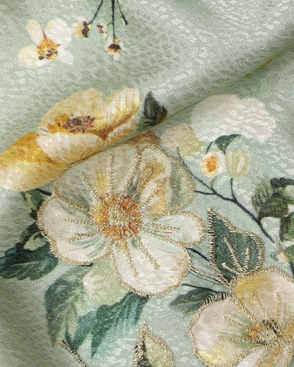 Light Green Floral Design Viscose Digital Printed Fabric, 110 Cms Width, India-D24803