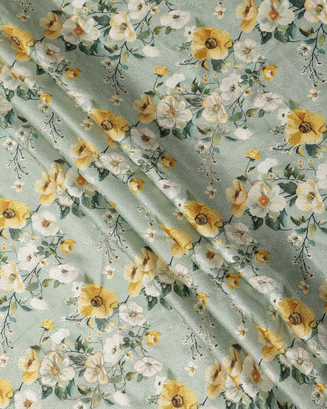 Light Green Floral Design Viscose Digital Printed Fabric, 110 Cms Width, India-D24803