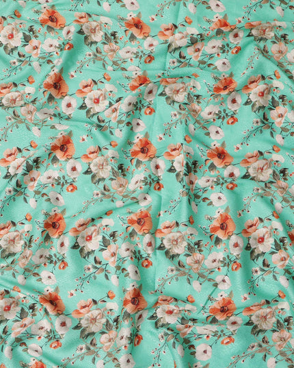 قماش فيسكوز مطبوع رقميًا بتصميم زهور باللون الأخضر المائي، عرض 110 سم، الهند - D24802