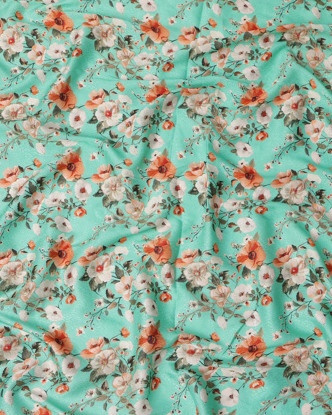 قماش فيسكوز مطبوع رقميًا بتصميم زهور باللون الأخضر المائي، عرض 110 سم، الهند - D24802