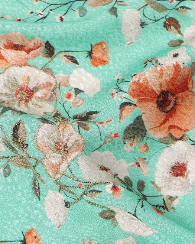 قماش فيسكوز مطبوع رقميًا بتصميم زهور باللون الأخضر المائي، عرض 110 سم، الهند - D24802