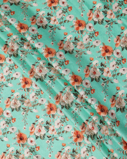 قماش فيسكوز مطبوع رقميًا بتصميم زهور باللون الأخضر المائي، عرض 110 سم، الهند - D24802