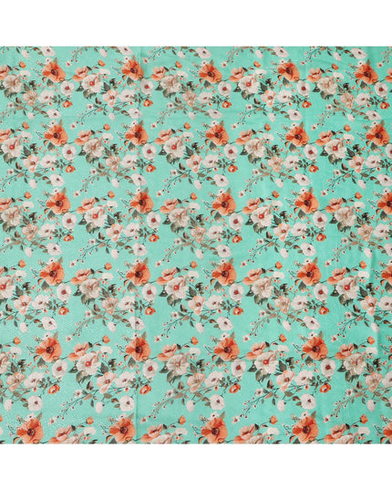قماش فيسكوز مطبوع رقميًا بتصميم زهور باللون الأخضر المائي، عرض 110 سم، الهند - D24802