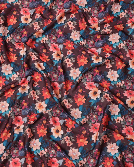 Maroon Multicolor Floral Printed Viscose Modal Satin Fabric, 110 Cms Width, India-D24807