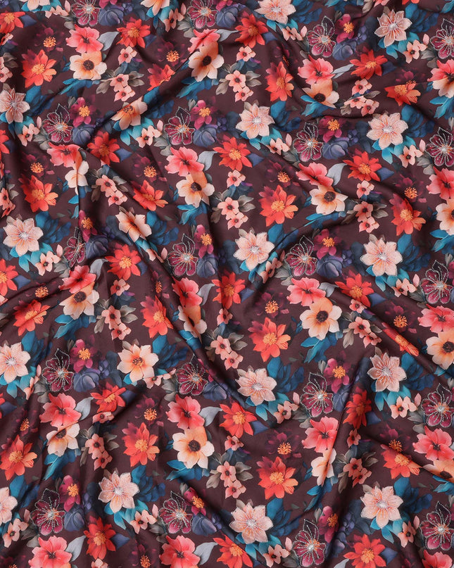 Maroon Multicolor Floral Printed Viscose Modal Satin Fabric, 110 Cms Width, India-D24807
