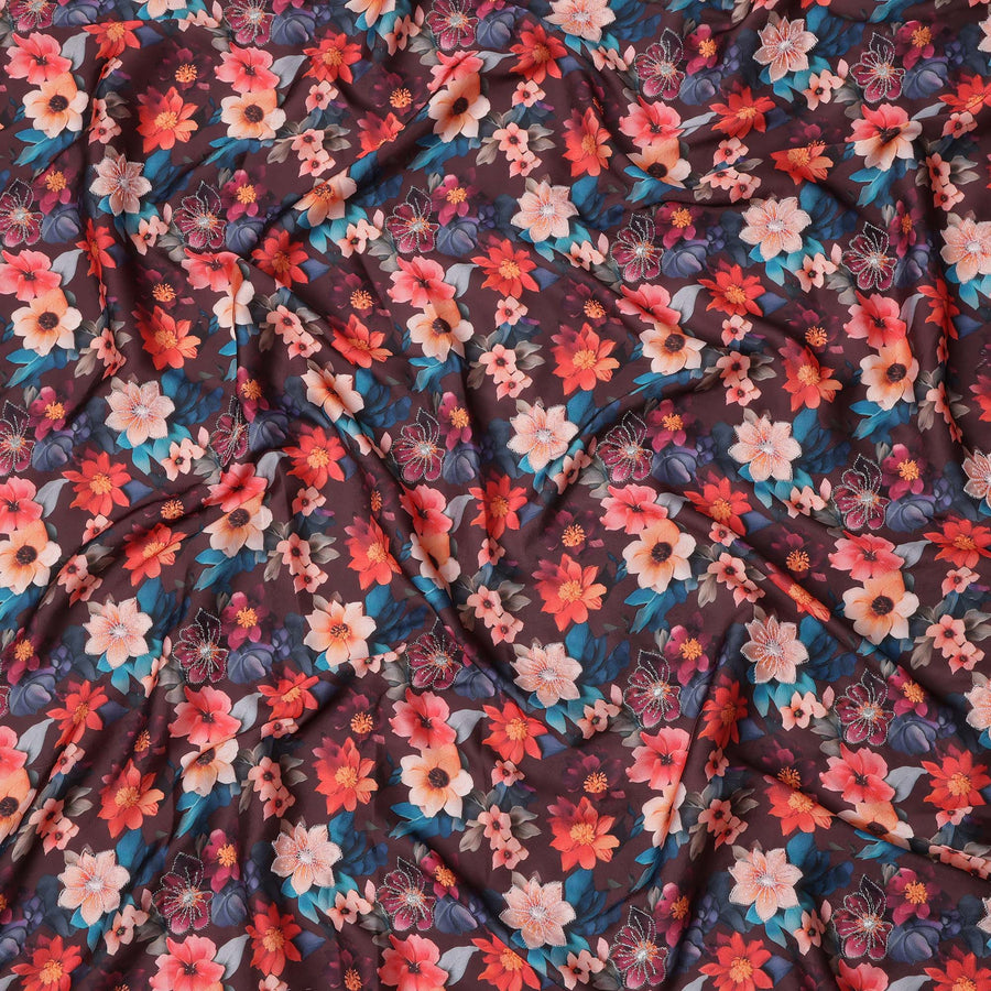 Maroon Multicolor Floral Printed Viscose Modal Satin Fabric, 110 Cms Width, India-D24807
