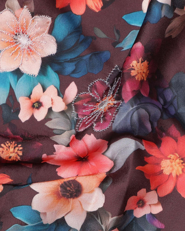 Maroon Multicolor Floral Printed Viscose Modal Satin Fabric, 110 Cms Width, India-D24807